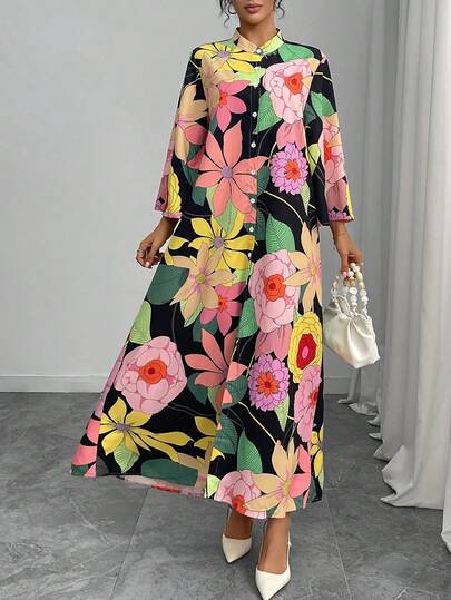 1pc Women Floral Print Contrast Color Elegant Maxi Dress With Stand Collar, Single-Breasted, 3/4 Ruffle Sleeve, Casual Vacation Luxury Arabic Abaya Maxi Dress, Versatile Evening Party Formal Arabic Dress