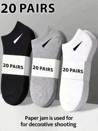 20 Pairs Unisex Socks, Sports Socks, White/Black/Grey Short Socks, Comfortable Ankle Socks With Slash Pattern, Moisture-Wicking, Breathable, Classic Solid Color, Simple & Fashionable Casual Socks, Suitable For Daily Wear