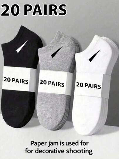 20 Pairs Unisex Socks, Sports Socks, White/Black/Grey Short Socks, Comfortable Ankle Socks With Slash Pattern, Moisture-Wicking, Breathable, Classic Solid Color, Simple & Fashionable Casual Socks, Suitable For Daily Wear