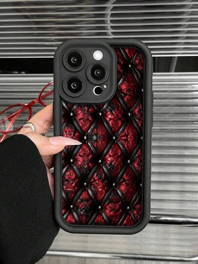 1 pieza Funda de teléfono resistente a caídas con patrón de argyle en cuero rojo vintage de moda compatible con iPhone11, 12, 13, 14, 11Pro Max, 12Pro Max, 13Pro Max, 14Pro Max, XR, 15, 15Pro, 15Pro Max, 16, 16Pro, 16Pro Max, Series