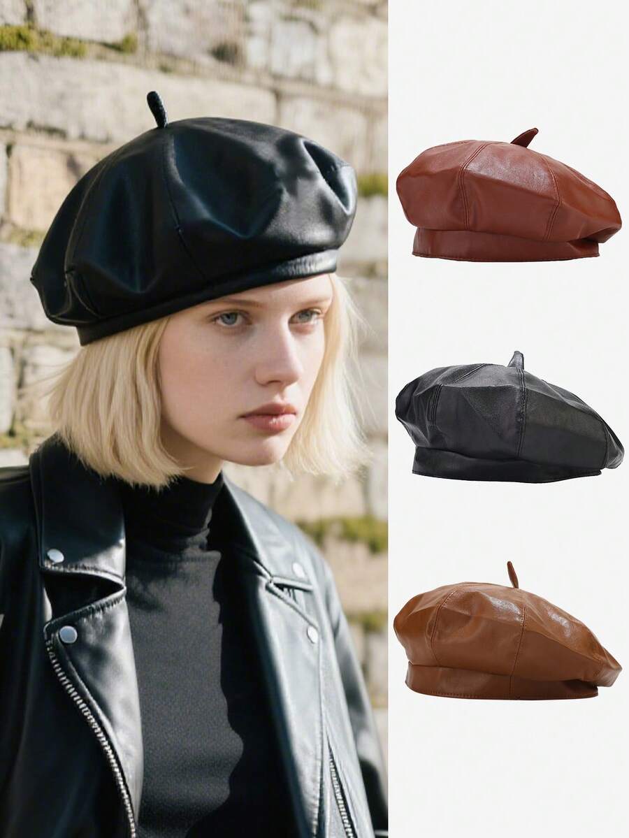 1pc Unisex Classic Fashion Beret Hat, Retro Artistic Painter Cap, Casual Outdoor Street Style Octagonal Cap, Vintage British PU Hat, Suitable As A Gift - Multicolor - View 1