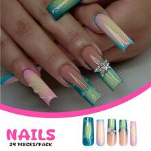 Long Square Press On Nails Green Ombre French Fake Nails Pink Ombre False Nails With 3D Star Designs Long Square Nail Press Ons Sparkly Glue On Nails Cute Stick On Nails For Women 24Pcs - 長款-C5C24 - 查看 2