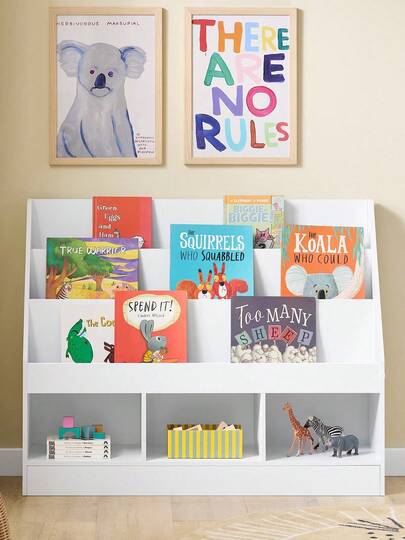 SoBuy Montessori Bookshelf For Children, Children's Shelf With 3 Storage Compartments And Toy Storage Shelf, Children's Room Bookcase And Toy Shelf, Children's Room Furniture, White 100x80x30 KMB118-W