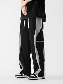 Quần Cargo dáng rộng cho nam màu tương phản, thiết kế túi khóa kéo giả, phù hợp mặc ngoài trời, thường ngày và tập thể dục, mùa thu - màu đen - Xem 4