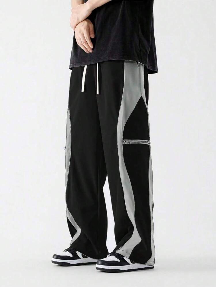 Quần Cargo dáng rộng cho nam màu tương phản, thiết kế túi khóa kéo giả, phù hợp mặc ngoài trời, thường ngày và tập thể dục, mùa thu - màu đen - Xem 4