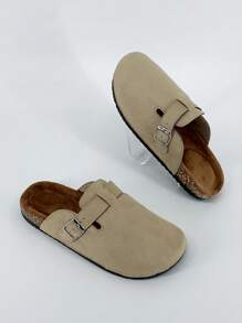 Sandalias de diapositivas de verano 2025, parte superior de cuero con diseño de hebilla, suela gruesa de corcho suave, elevada, de unicolor, simple, adecuada para exteriores, viajes, estilo casual de calle, a juego de pareja, pantuflas tipo mula sin cordones, cuero de alta calidad, cómoda, para uso interior y exterior