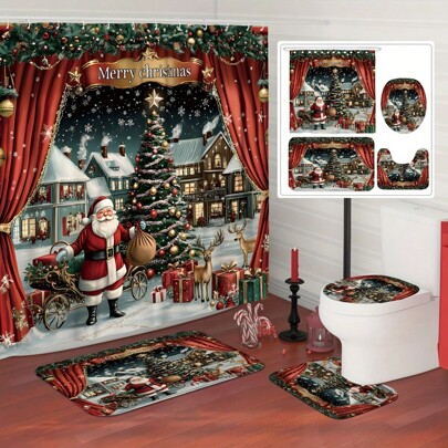 Set tenda da doccia natalizia invernale con Babbo Natale, cervi e albero - in poliestere impermeabile per decorazione bagno con tappetino antiscivolo, copriwater a forma di U e 12 ganci - stampa animale, lavabile in lavatrice, adatto per tutte le stagioni