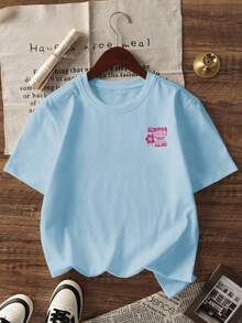 Bộ 3 áo thun tay ngắn cổ tròn in họa tiết đơn giản dành cho bé gái, áo thun ngoài trời tối giản trẻ trung dễ thương mùa hè - Màu xanh nhạt - Xem 3