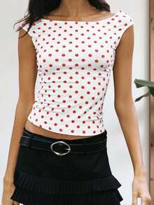 Womens Summer T Shirts Short Sleeve Crop Tops Boat Neck Dot Print Slim Fit Blouses - trắng - Xem 4