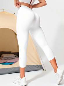 Wide Waistband Phone Pocket Side Sports Leggings - White - View 2