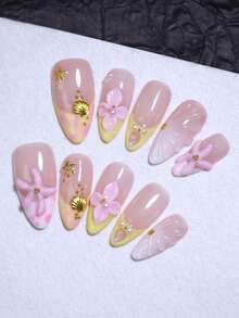 10pcs Set Almond Handmade Flowers And Starfish 3D Nails Sweet Pink & Yellow Color Block French Style Nail Art Design Manual Nails With Shells Nail Charm Decoration False Nails Tips Reusable For Four Seasons DIY Nail Beauty - Pink - View 2
