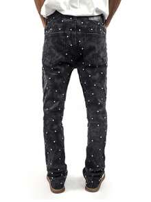 Diamond Print Elastic Tight Jeans, Men's Straight Leg Jeans, Casual Pants, Slim Fit Jeans, Retro Beggar Hip-Hop Pants - 黑色 - 查看 4