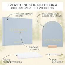 Beautiful Wedding Guest Book Set With Personalized 2025 Year Your Wedding Reception – Elegant Photo Guestbook Linen Cover, Sign, Luxury Pen & Adhesive Photo Corners To Capture Memories - Blue - View 4