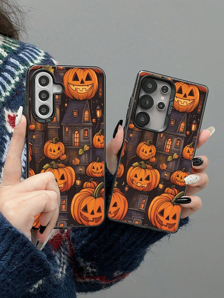 1 pieza Funda de teléfono a prueba de golpes con estampado de casa de calabaza de moda, compatible con la serie Galaxy A06/A16/A26/A35/A53/A54/A55/S23/S24/S25 ULTRA