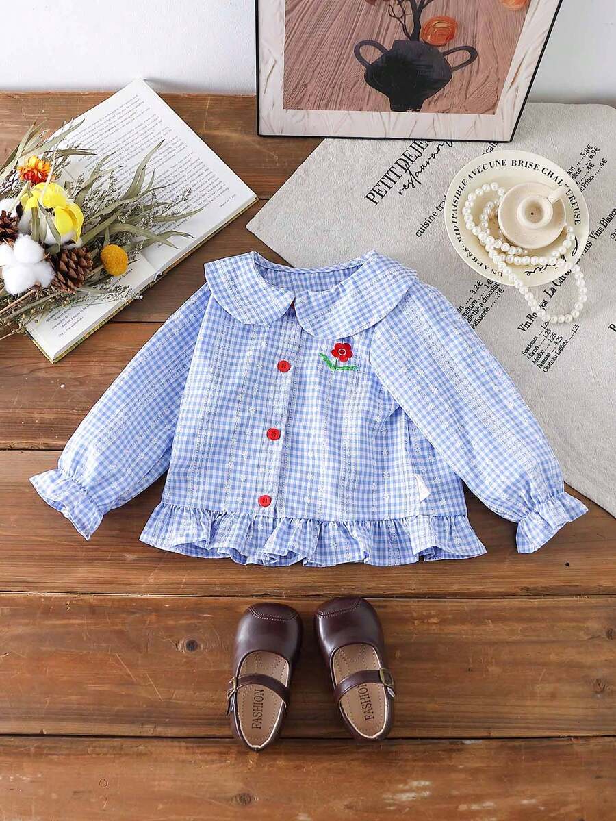 1 pieza Camisa de manga larga con cuello Peter Pan, estampado a cuadros y bordado floral, estilo casual y lindo para niñas, primavera/otoño - Azul - Ver 1