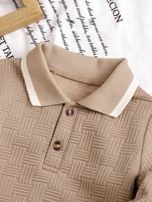 Bhchntiy 2pcs Baby Boy Autumn/Winter New Patchwork Ribbed Polo Collar Jacquard Fabric Solid Color Sweatshirt And Solid Color Jacquard Fabric Pants Casual Fashion Set - Khaki - View 5