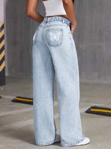 Teens' Butterfly Print Loose Wide Leg Jeans - Light Wash - View 2