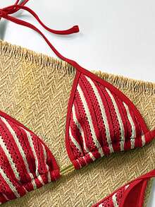3pcs Women Crochet Bikini Set, Pants Beach Cover Up, European Style Swimwear, Suitable For Women's Summer Vacation, Easter, Festivals, Outerwear, Date Night Outfit, All Women's Clothing, Autumn - Red - View 4