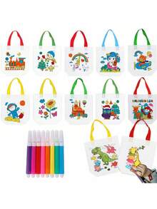 12/6 件随机无纺布礼品袋，带永久性记号笔 - 可重复使用的艺术派对礼品袋，迷你无纺布手提袋，用于礼品和存储，礼品包装存储 - 彩色 - 查看 3