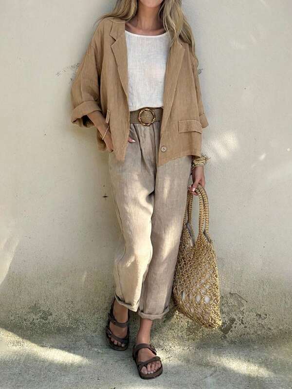 Women's Oversized Fashion Casual Comfortable Button Faux Pocket Trim Detail Suit Women's Stylish Casual Fashion Button Detail Suit Business Casual Woman Blazers For Women Solid Color Fall Clothes For Women Women's Lapel Button Long Sleeve Elegant Solid Color Minimalist Casual Waist Drawstring Linen Long Sleeve Blazer Women's Solid Color Lapel Neck Long Sleeve Single Breasted Casual Blazer Jacket, Autumn