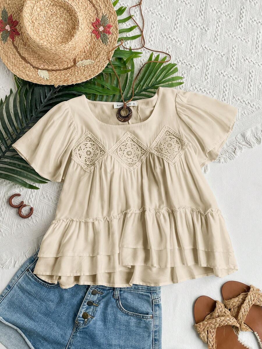 Rusttydustty 女士白色V领短袖叠层下摆衬衫，波西米亚风格，适合海滩、夏威夷音乐节和热带度假等夏季穿着 - 杏色 - 查看 1