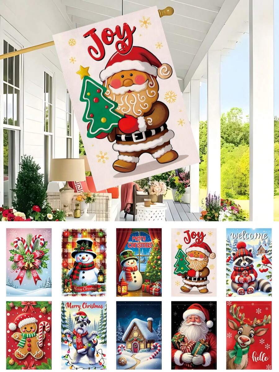1 pieza Bandera de jardín navideña con Papá Noel y diseños navideños, de 30x45cm, bandera navideña de poliéster de doble cara con Papá Noel, hombre de jengibre, reno, muñeco de nieve, cachorro, para decoración navideña de patio, porche, jardín, hogar, sin asta