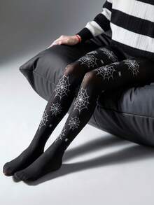 1 Paar 80g Damen Strumpfhosen für Frühling/Herbst, Spinnennetz Muster, Fledermaus Muster, Totenkopf Muster schwarze sexy Leggings, Herbst/Winter Strumpfhosen, Kniestrümpfe, Leggings, Halloween, geeignet für Alltag und Festtage (geeignet für 5-20°C)