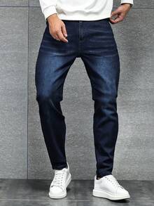 Men's Blue Stretch Washed Denim Denim Trousers With Pockets - Slim Straight Slacks, Medium Stretch, Suitable For All Seasons, Machine Washable & Dry Clean, Comfortable To Wear With Attention To Detail - Vaqueros Para Hombre - 藏蓝色 - 查看 3