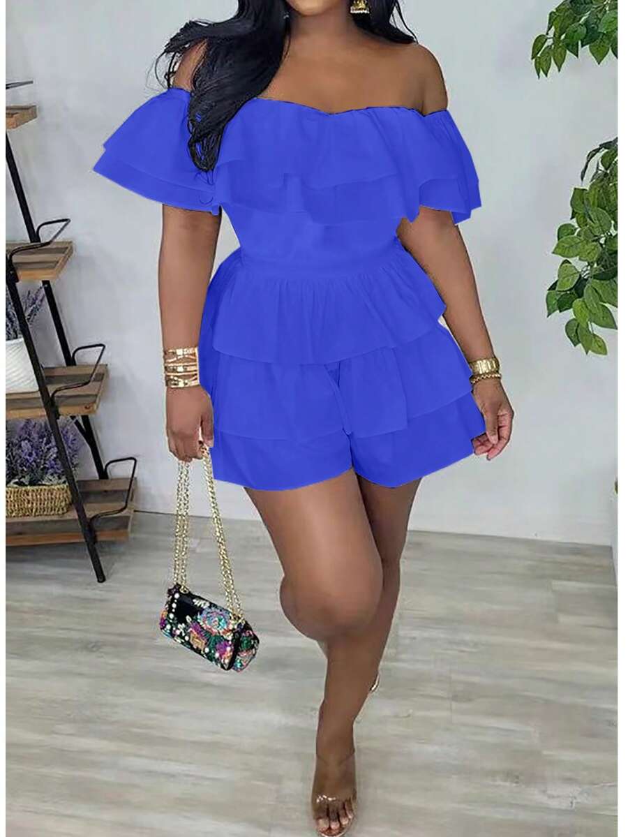 Women's Off Shoulder Jumpsuit Summer Ruffled Dress Short Sleeved Layered Jumpsuit - Blue - View 1