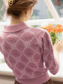 Simple Retro Áo len dệt kim họa tiết hoa diên vĩ Ariana theo phong cách tối giản cổ điển. - Hồng - Xem 4