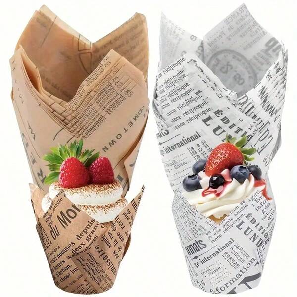 50pcs Tulip Shaped Cupcake Liners With Natural Newspaper Print, Non-Stick Baking Cups Suitable For Wedding, Birthday Party, Christmas, Vintage Rustic Style Decoration, Durable Party Food Supplies, Birthday Dessert Containers, Material, Home Baking Supplies, Christmas Decoration Cups