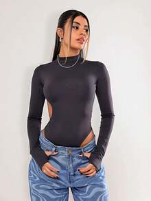 Backless Bodysuit Long Sleeve Leotard Fashion Blogger Stylish Feminine - 黑色 - 查看 1