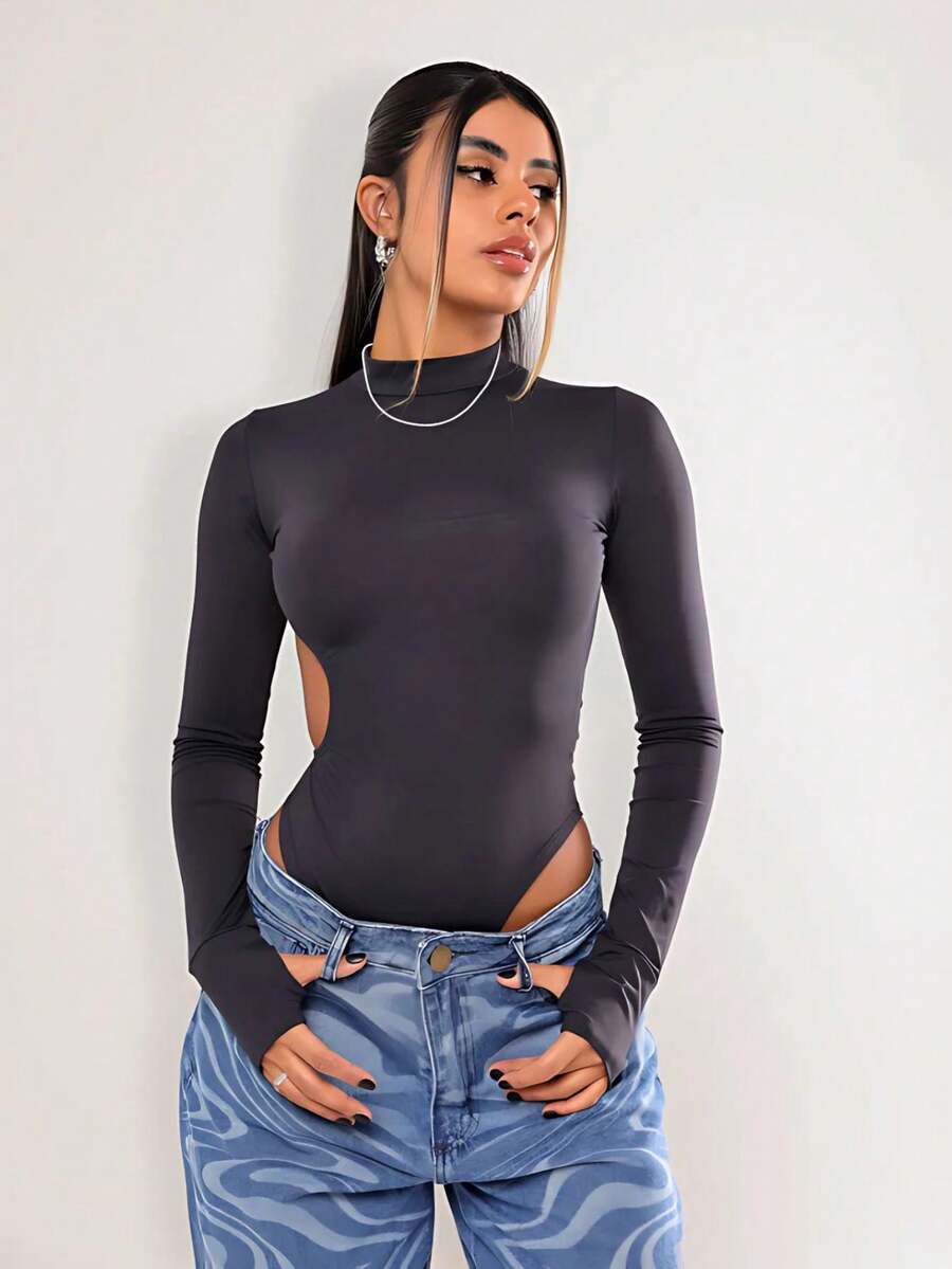 Backless Bodysuit Long Sleeve Leotard Fashion Blogger Stylish Feminine - 黑色 - 查看 1