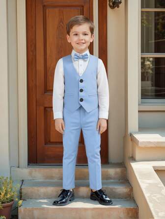 4 piezas Nuevo conjunto formal de primavera para niño, camisa blanca, chaleco de unicolor, corbata de moño, pantalones, ajuste delgado, adecuado para fiesta, boda, escuela, traje formal para niños