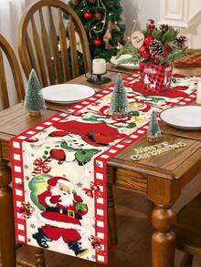 1pc Christmas Theme Tablecloth, 35x180cm, Vintage Style Pattern Design With Santa Claus & Snowman Motif, Suitable For Christmas Dining Room & Living Room Decor, Family Gathering, Winter Textile.