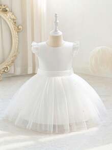 女婴短袖蝴蝶结薄纱派对礼服，优雅公主裙，适合作为一周岁生日礼物、宴会、晚宴、重要场合的礼服