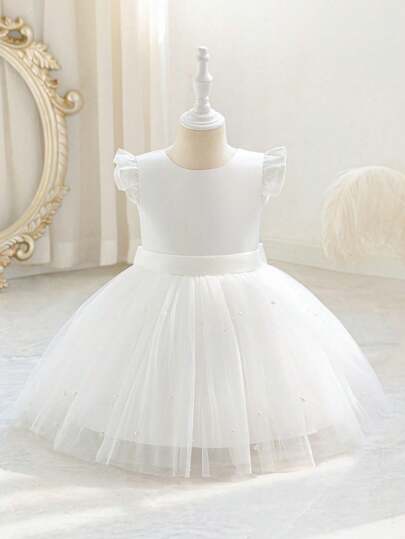 Baby Girl Cap Sleeve Bow Tulle Party Dress, Elegant Princess Dress For Girls, Suitable For 1st Birthday Gift, Banquet, Evening Party, Important Occasions