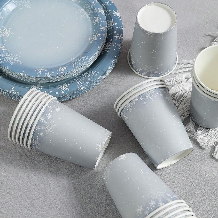 60pcs/Set Plastic-Free Blue Snowflake Christmas Theme Party Tableware Set, Snowflake Pattern Paper Plates, Merry Christmas Plates, Paper Plates, Dessert Plates, Beverage Cups