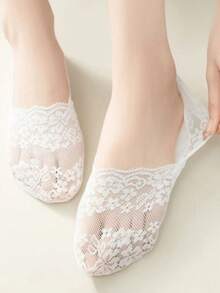 1/5双非纸板女士春夏休闲浅口船袜樱花蕾丝硅胶防滑隐形短袜日常休闲蕾丝透气隐形船袜 - 彩色 - 查看 2