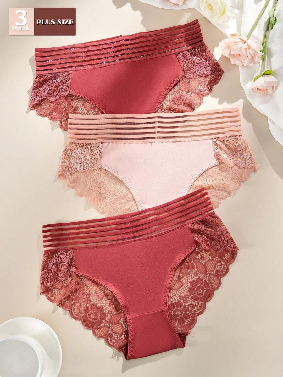 FOVTY 3pcs/Pack Solid Color Lace Trim Elastic Plus Size Women Panties - Multicolor - View 1