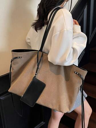 时尚百搭大容量撞色单肩包，简约优雅的卡其色女士手提包，休闲适合日常使用，通勤，工作，购物，大学，学校，短途旅行