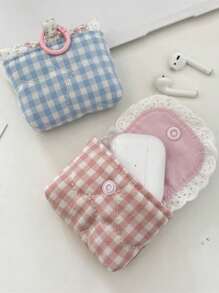 1Pc Cute & Fresh Lace Earphone Case, Compatible With Apple Earphones Protection Cover, Soft Case For Wireless Bluetooth Earbuds, Purse Grid Pattern Floral Earphone Bag,Christmas Gifts, Wedding Gifts