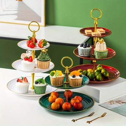 纸杯蛋糕支架 - 三层纸杯蛋糕甜点塔，塑料分层托盘和金属杆，适用于生日派对、迎婴派对等