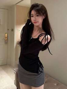 女士纯色不对称领长袖修身T恤上衣，秋冬休闲黑色春季款 - 黑色 - 查看 4