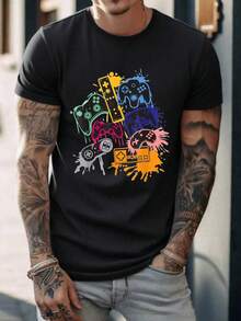 Men's Geometric Landscape Print T-Shirt - 黑色 - 查看 1