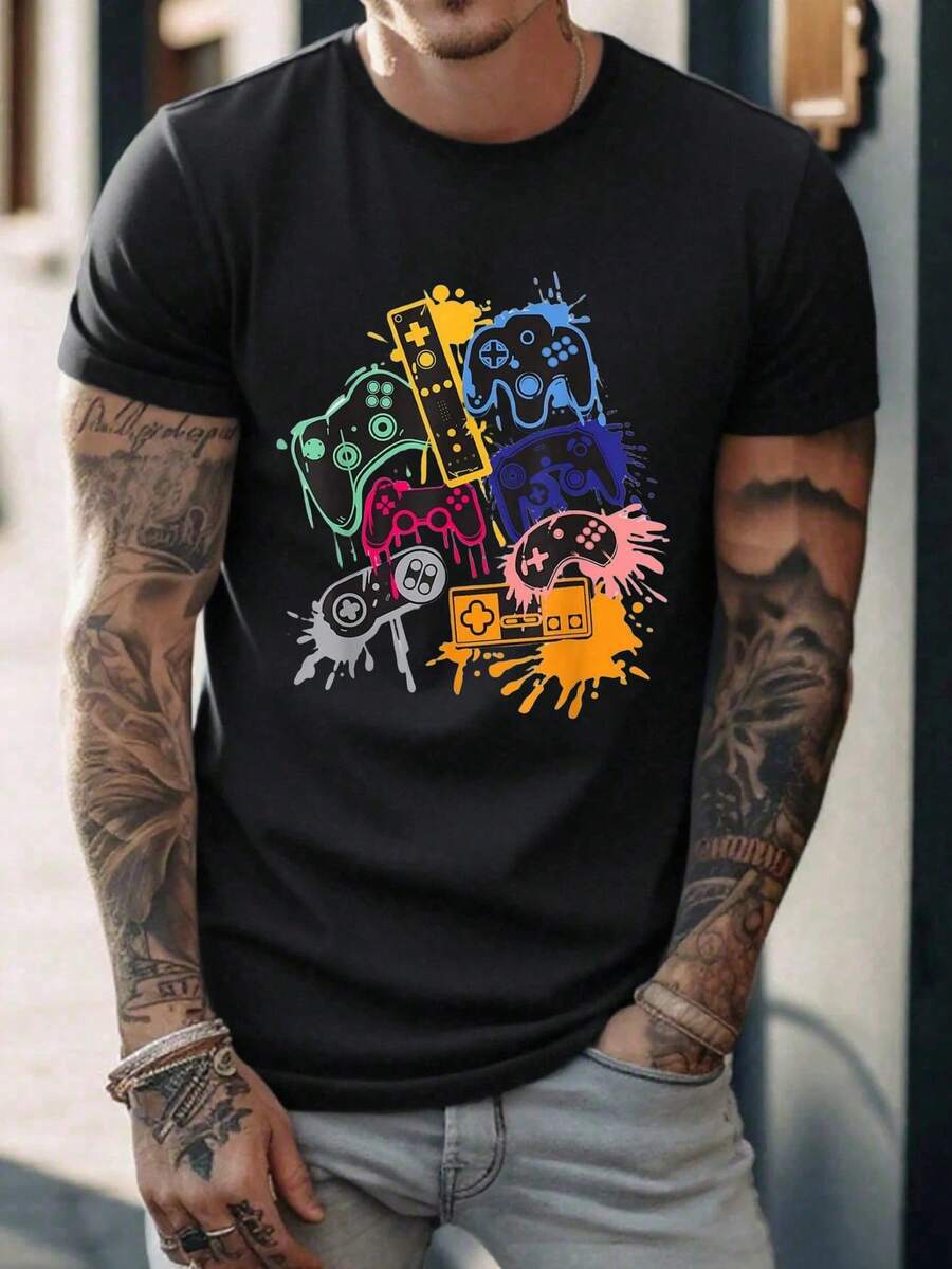 Men's Geometric Landscape Print T-Shirt - 黑色 - 查看 1