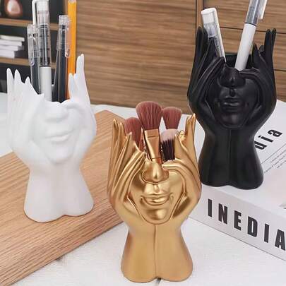 1 pieza Organizador de escritorio decorativo con forma humana en negro/blanco/dorado, organizador multifuncional para bolígrafos/pinceles de maquillaje, organizador de pinceles de maquillaje, organizador de papelería, portabolígrafos, decoración del hogar, regalos de Navidad, regalo de cumpleaños