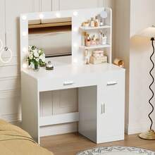 Makeup Vanity Desk With Adjustable Tri-Color LED Light & Power Outlet& Partitioned Cabinet - View 7