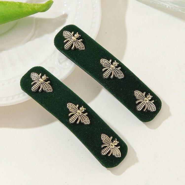 2个植绒蜜蜂发夹，优雅日常可爱甜美校园风，适合搭配连衣裙、派对装扮，可作为礼物，爪夹、发夹、发卡、发饰、头饰、女士发饰 - 墨綠色 - 查看 8