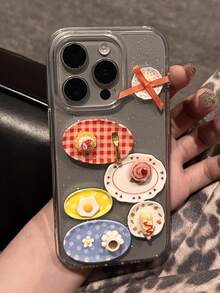 Cute Funny Epoxy Dinner Plate Food Glitter Clear Phone Case Compatible With IPhone 16 15 14 13 Pro Max Lovely Creative Sequins Glitter Back Gift - Clear - View 3